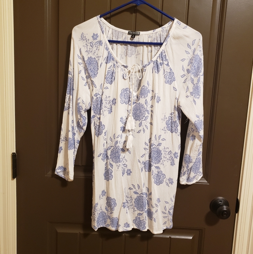 HANNAH Boho White/Blue Tunic Top - Size S